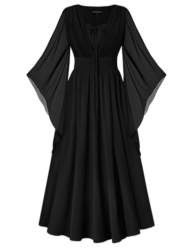 Scarlet Darkness Fairy Dress Woman Renaissance Dress Cottagecore Long Bell Sleeve Halloween Pirate Dresses Black L