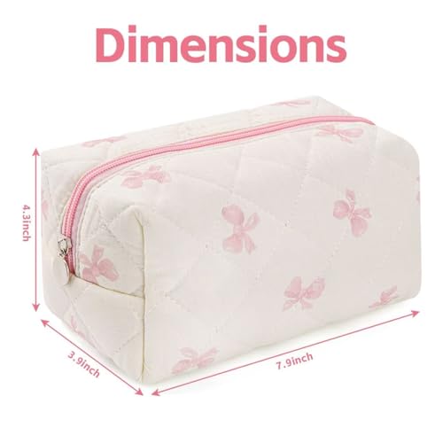 Image of Floral Quilted Makeup Bag - Cosmetic and Skincare Product Pouch, Fashionable Travel Puffy Coquette Makeup Bag, Small Cute Attractive, Bow, Modern
