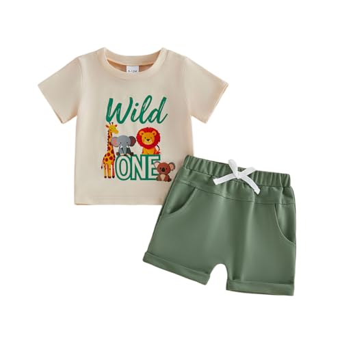 FYBITBO First Birthday Baby Boy Outfit Wild One Safari Animals T-shirt Solid Shorts Summer Outfit 1st Birthday Boys Clothes (Beige & Green 12-18 Months)