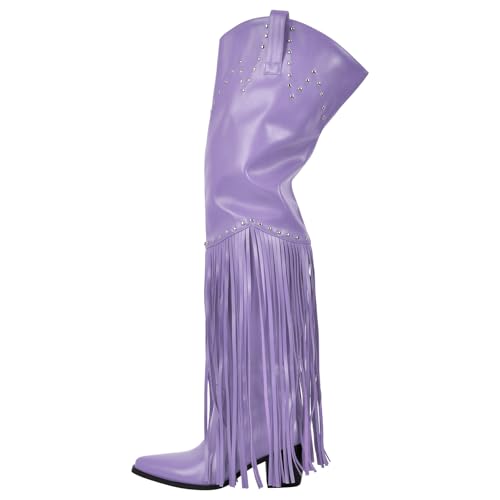 Image of richealnini Western Thigh High Cowboy Boots with Fringe Over Knee Wide Calf Cowgirl Boots