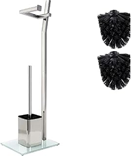 Smartpeas Toilet Roll Holder WC set - Chrome - 22x18x70 cm - Toilet Roll Holder Free Standing Include - Stainless Steel - Strong Glass Base - Additional: 1 Plus 2 Replacement Toilet Brush Heads!