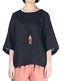 Minibee Women's Linen Blouse Round Neck 3/4 Sleeve Shirt Tops with Chinese Frog Button Black XL