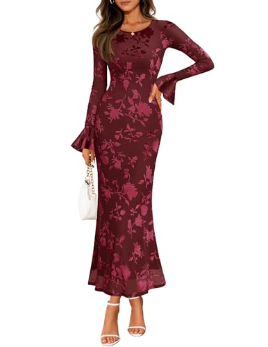 ZESICA Women's 2025 Bell Long Sleeve Floral Maxi Dress Fall