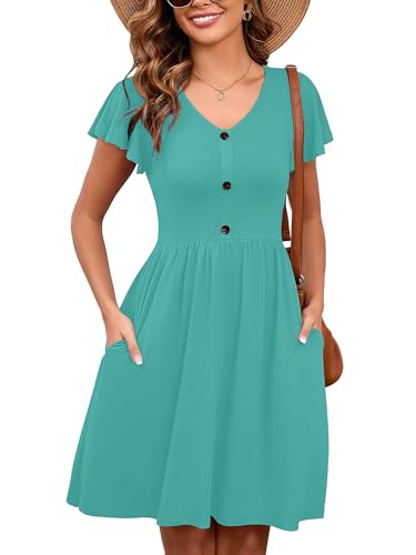 Image of Heymoments Women's Ruffle Sleeve V Neck Swing Sundress Summer Casual A-Line Midi Dress with Pockets S-2XL