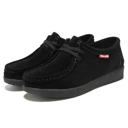 Image of TRULAND Leather Oxford Shoes for Women - Suede Lace Up Moc Toe Low Platform Flat Wallabees Shoes