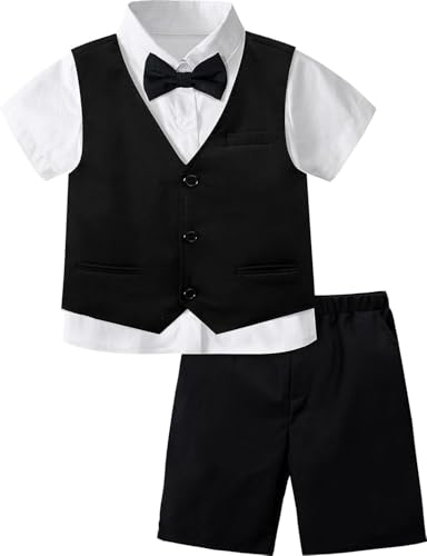 Image of A&J DESIGN Boys Short Suit Set 3 Pieces Kids Formal Gentleman Outfit, 4-11 Years, Shirt + Vest + Shorts + Bow Tie
