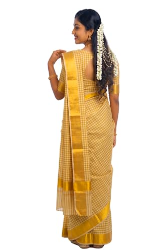 Image of Kerala Traditional Tissue Saree for Women with Running Blouse | South Indian Ethnic Saree for Weddings Onam Vishu Temple Wear & Festivals