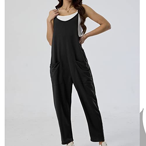 Ainangua Casual Sleeveless Jumpsuits For Women Adjustable Spaghetti Strap Overalls Long Pants Romper With Pockets(Black,L) #TOP1