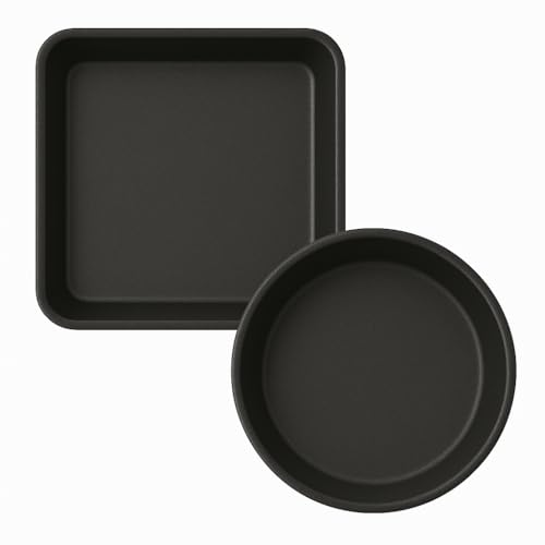 Par de bandejas para freidora de aire, 2 unidades, 1 cuadrada, 20,4 x 20,4 x 5,4 cm + 1 redonda de 20 x 6 cm, antiadherente, para horno y freidora, aluminio revestido