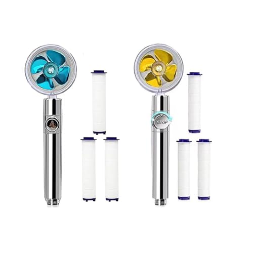 Oiieco 2 Stück Propeller Duschkopf 360° Drehbar mit 6 Filtereinsätzen, Wassersparender Druckerhöhender Handbrause Hochdruck Duschkopf Abnehmbar für Bad, Spa & Haushalt (Gold + Blau)