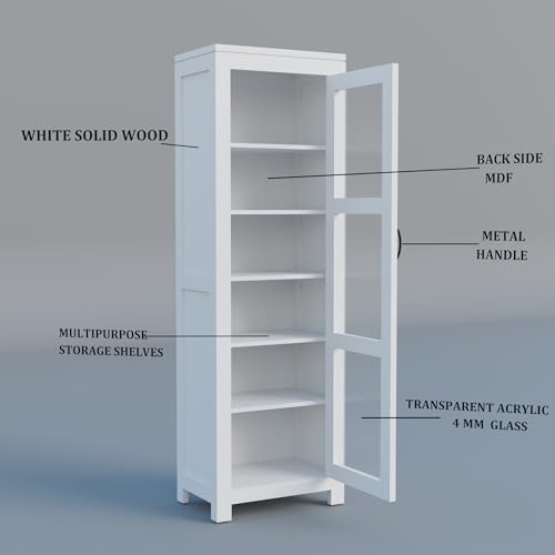 Image of Solid Sheesham Wood Deco White Book Shelf, Showcase Glass Door Crockery Storage Unit Or Bookcase, 6-Shelf Wooden Book Rack, Display Cabinet Furniture for Home, Kitchen & Library Areas