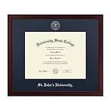 Framerly - St. John's University, New York 11" w x 8.5" h Diploma Frame - Fits An Associate's, bachelor's, master's and phd - Silver Embossed Diploma Frame - Cherry Moulding with Navy Matting