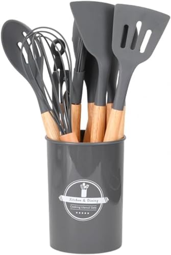 CokBlu 耐熱多機能キッチンツール 12 点セット シリコンスプーン・トング・ヘラ・泡だて器・パスタトング含む 製菓器具兼用調理器具セット 収納バケツ付きクッキング用品