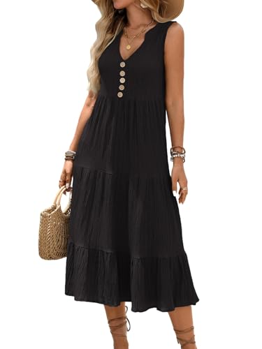 Image of HELYO Women's Casual Summer Dress 2026 Sleeveless V Neck Button Beach Sundress Tiered Ruffle Flows Skirt Midi Dresses