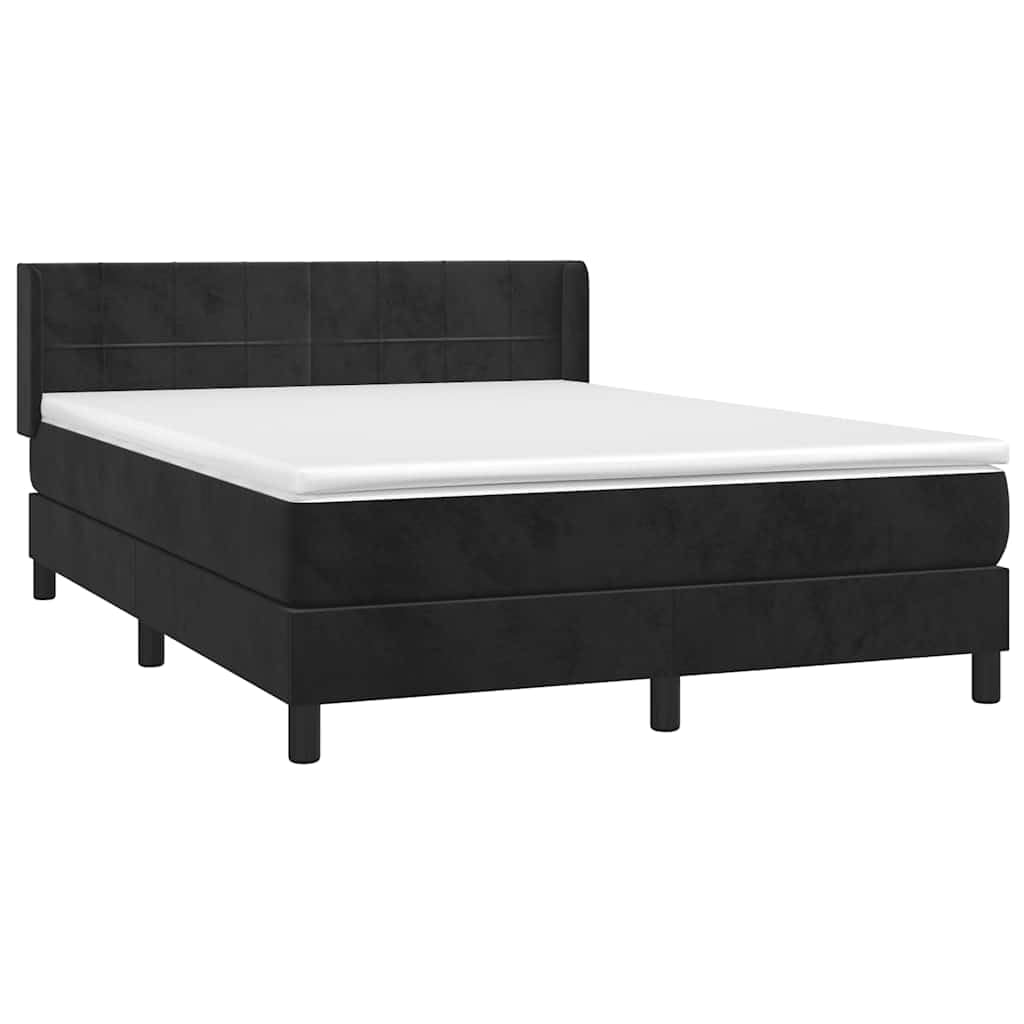 Aksamitne łóżko kontynentalne z regulowanym zagłówkiem 140x190 cm czarne | Łóżko kontynentalne z materacem sprężynowym czarny aksamit 140x190 cm z zagłówkiem i ochraniaczem