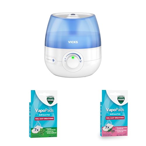 Bundle of Vicks Mini Cool Mist ultrasonic humidifier - VUL525 + VapoPads Rosemary & Lavender VBR7 + Vicks VapoPads Menthol VH7 option