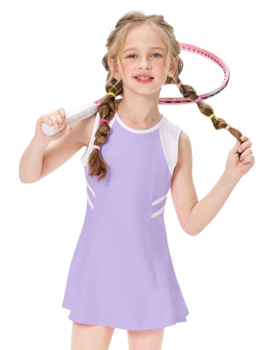 Girls Tennis Dress with Shorts, Sleeveless Girls Athletic Golf Outfit Dresses, Cute Workout Sports Skorts Set, 5-14Y