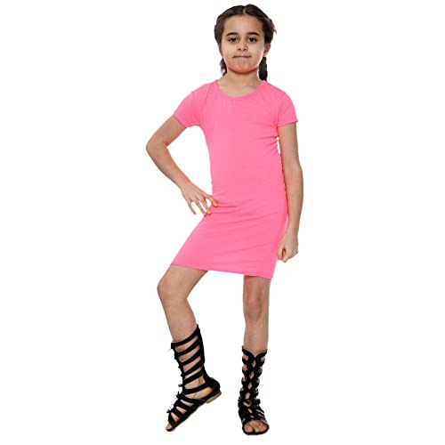 Vestido rosa neón para niñas de manga corta y cuello redondo Janisramone