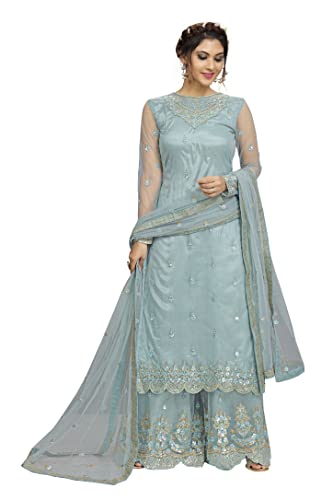 Trendmalls Women's Net Embroidery Salwar Suit Set Kurta Sharara with Dupatta (G76-SkyBlue-XXL)