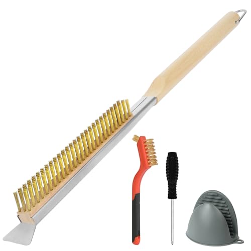 OFFCUP Pizza Oven Brush 56CM Copper Pizza Stone Cleaning Brush with Scraper and Small Brush BBQ Cleaning Tool with Wood Handle Kitchen Outdoor Pizzas Oven Accessories