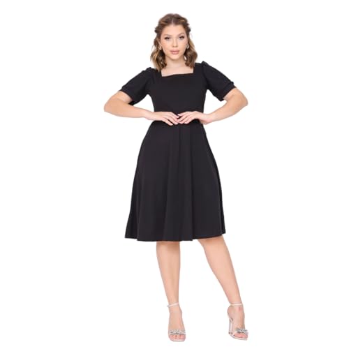 Vestido Rodado de Manga Princesa Midi Feminino Moda Evangélica (BR, Alfa, M, Regular, Regular, preto