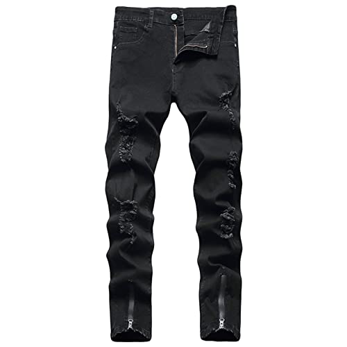 Maiyifu-GJ Men Ripped Skinny Biker Jeans Distressed Ankle Zipper Denim Pants Destroyed Skinny Jean Trousers with Side Zippers