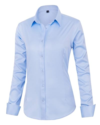 J.VER Hemd Damen Leichte Klassische Bluse Comfort Fit Baumwolle Stretch Blouse Langarm für Party Social Club Frauen,Himmelblau,M