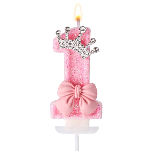Pink 1st Birthday Candle, Bow Crown First Birthday Decoration Wax Elegant Number 1 Candle One Cake Decoration for Girls Party Anniversary