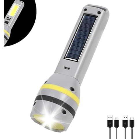 Hilngav Solar/USB-C Rechargeable High Lumens LED Flashlight, 4 Modes Flashlights with Emergency Strobe Light and COB Side Light Solar Flashlight, for Emergencies, Camping, Home Use Cover