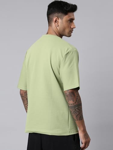 Image of Men's Stylish Round Neck Textured 3 /4th Sleeve Oversized T-Shirt (Pista Green)