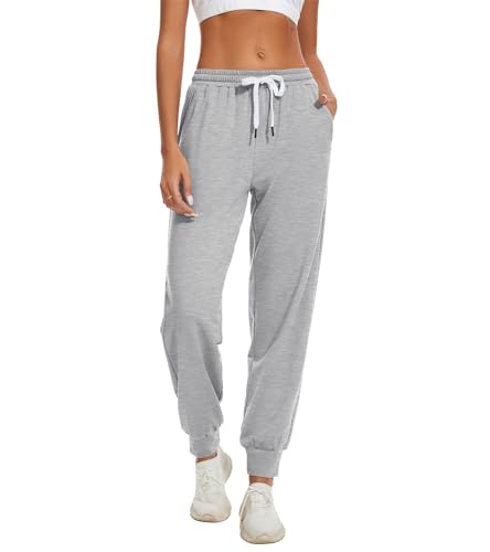 HAPYWER Jogginghose Damen Lang Sporthose Frauen Baumwolle Sweatpants Slim Fit Freizeithose High Waist Trainingshose mit Taschen(HeidekrautGrau,M)