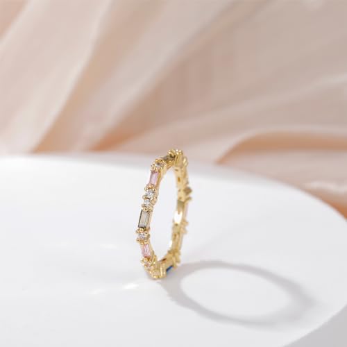 Rainbow Eternity Ring for Women Dainty Colorful Baguette Cut Cubic Zirconia CZ Stackable Wedding Band Promise Engagement Rings for Her Size 5-103