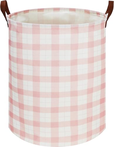 CLOCOR Kids Laundry Basket,Waterproof Baby Boys Nursery Hamper,Collapsible Fabric Storage Container,Toys Bin,Room Decor,Gift Basket（Pink Grid