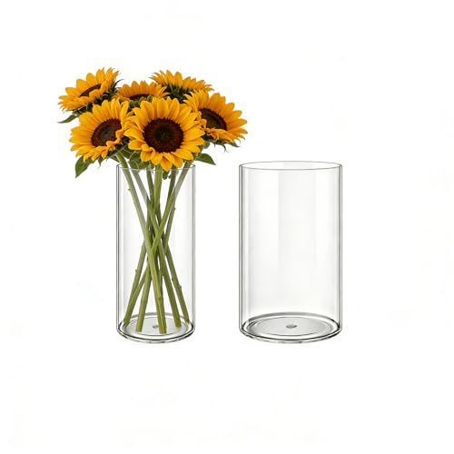 MELEJIA Lot de 2 Vases Acrylique Transparent Rond, Incassable aux Chocs et Léger, Vases Cylindriques pour Fleurs Fraîches/Séchées/Décoration Minimaliste,...