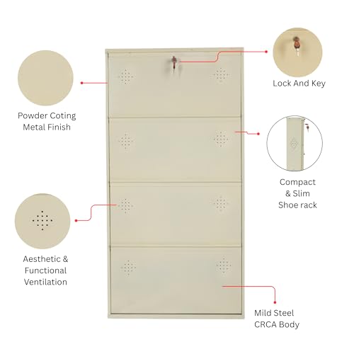 Image of 4 Door Wall Mounted Metal Shoe Rack Cabinet with Lock | Space Saving Shoe Storage Cabinet for Home, Entryway & Balcony | Dustproof Ventilated Shoe Organizer | Ivory | 52 x 26 x 6 Inch