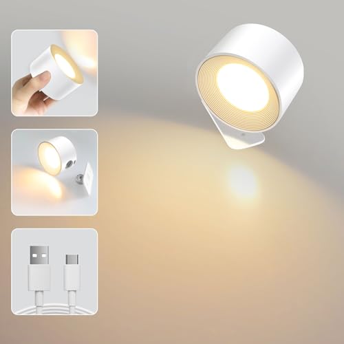 Lámpara de pared LED, Aplique Pared de Recargable USB, 3 Niveles de Brillo 3 Modos de Color, Control Táctil, Giratoria de 360°, para Dormitorio leer junto a la Cama Sala Pasillo, 1 Piezas(Blanco)