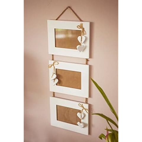 Nabatee Wall Mounted Wooden 3 Tier Vintage Style Photo Frames - Hanging White Hearts Multiple Rustic Picture Frames Shabby Chic for Home, Office, Kitchen Decor Cover