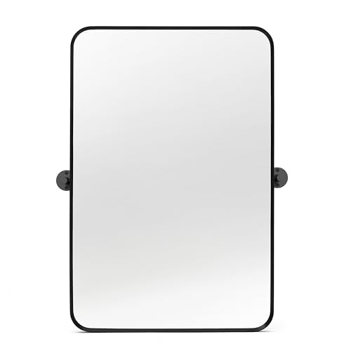 Minuover Pivot Bathroom Mirror 20x30in Tilting Beveled Black Metal Framed