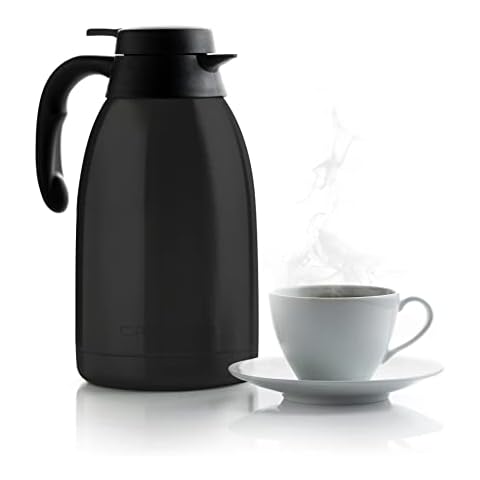 Cresimo 68 Oz Stainless Steel Black Thermal Coffee Carafe / Double Walled Vacuum Flask / 12 Hour Heat Retention / 2 Liter Tea, Water, and Coffee Dispenser Cover