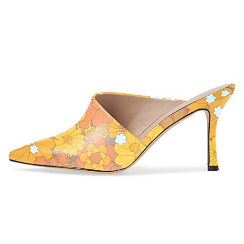Ydn Women Retro Pointy Toe Half D'orsay Spike Heel Mules Cutout Outside Slip On Slide Sandal Slippers Size 7 Yellow Flower #TOP1