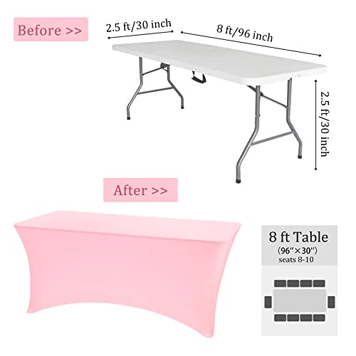 Image of 8 Pack 8FT Spandex Table Covers Washable Wrinkle Resistant Fitted Rectangle Tablecloth for Folding Table Wedding Party Birthday Banquet Bar Events(Pink)
