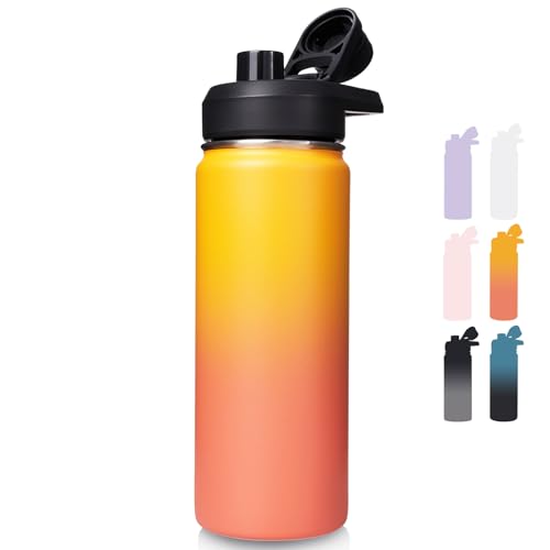 Image of Fijinhom Insulated Water Bottle with Handle, 304 Stainless Steel Water Bottles with Wide Mouth, Double Wall Vacuum Sports Water Bottle, BPA Free, Keep Cold and Hot, 18 Ounces, Yellow&Orange
