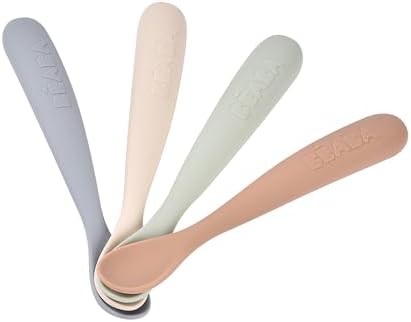 BEABA First Stage Baby Feeding Spoon Set, The Original Soft Tip Silicone Spoons for Babies, Gum Friendly BPA Lead Phthalate and Plastic Free, Great Gift Set (4 Pack), Natural