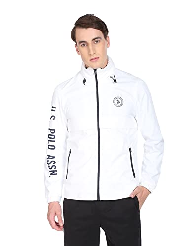 Image of Men White Placement Brand Print Hooded Polyester Casual Jacket