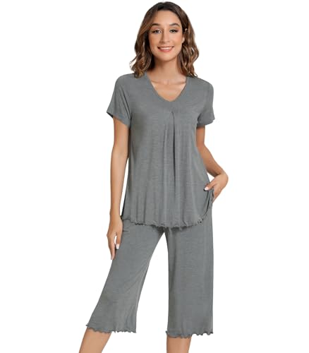 Image of NACHILA Women's Pajama Sets Cooling Bamboo Viscose V-Neck Top & Capri Pants | Lightweight, Breathable, Moisture-Wicking, Buttery Soft, Ideal for Hot Sleepers, Night Sweats and Hot Flashes, Sleep & Lounge