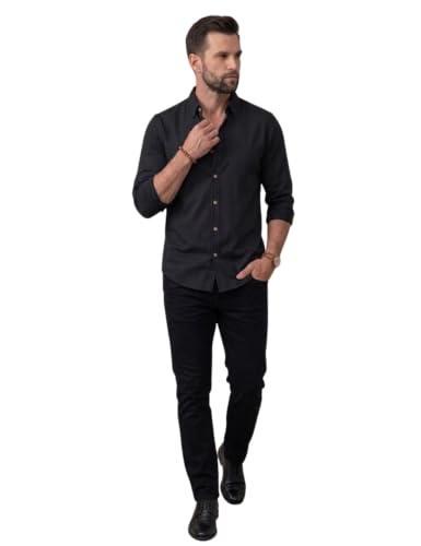 Image of NexaFlair Men's Regular Fit Solid Pattern Laffer Cotton Shirt with Long Sleeve Collared Neck Standard Length and Button Down Closure Type | Mens Casual Shirts | Man's Formal Shirts