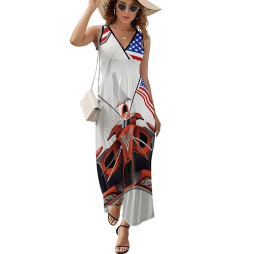 Robe maxi col V au tombé impeccable avec motif imprimé voiture de course