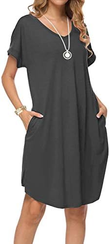 Women's Summer Casual Loose Dresses Short Sleeve V Neck Split Midi Dress with Pockets