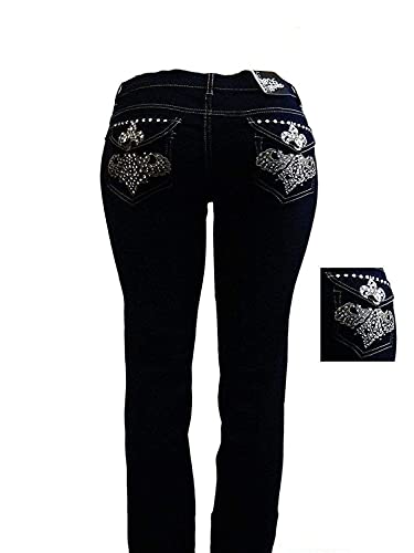Jack David Fleur de lis Stretchy Black Blue Denim Jeans Womens Plus Size Skinny Pants PJ-36872