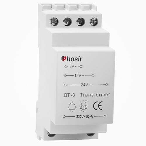 Phosir Transformador 220V 12V - transformador 220V 24V, Transformador 24V 8V 12V 24V/AC Salida, 230V/AC Entrada, Max 8VA, Alimentador 12V, Apto para Timbres, Timbres Visuales, Carril de 35 mm